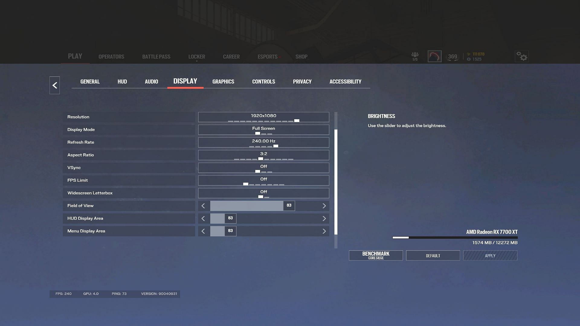 Display settings of a competitive player (Image via Sportskeeda Gaming || Ubisoft)